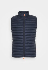 Navy puffer vest with a high collar, zip front, and orange zipper pull. Features horizontal quilted design and sleeveless construction.