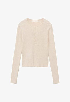 Maglietta a maniche lunghe a coste in beige chiaro con scollatura rotonda e patta con quattro bottoni. Tessuto morbido, design cropped e silhouette aderente.