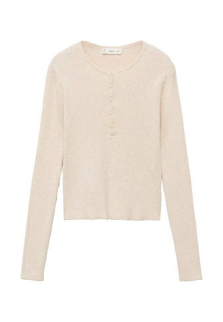 Haut à manches longues en beige clair, côtelé, avec un col rond et une patte de boutonnage à quatre boutons. Texture douce, design raccourci et silhouette ajustée.