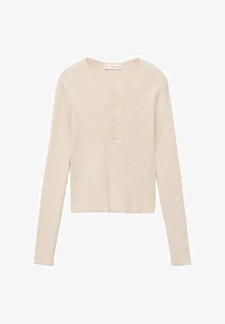 Langärmliges, geripptes Oberteil in Hellbeige mit rundem Ausschnitt und vier Knöpfen. Weiche Textur, cropped Design und figurbetonte Silhouette.