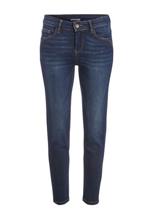 Donkerblauwe skinny jeans van denim, met oranje accentstiksels, vijf zakken en een voorknopsluiting. Soepele textuur.