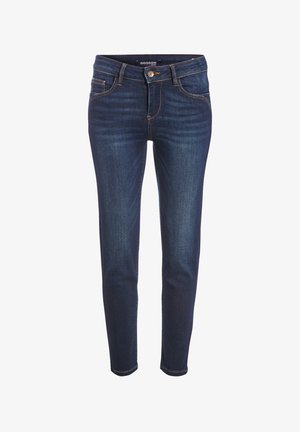 Ciemnoniebieskie skinny jeans z denimu, z pomarańczowymi przeszyciami, pięcioma kieszeniami i zapięciem na guzik z przodu. Gładka struktura.
