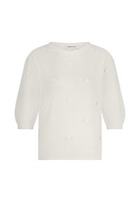 Witte gebreide trui met puffed mouwen, een ronde hals en textuurflorale versieringen aan de voorkant. Geribbelde manchetten en zoom.