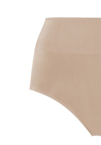 Beżowe majtki o wysokim stanie wykonane z gładkiego materiału, charakteryzujące się bezszwowym wzorem i miękkim, elastycznym pasem dla wygody.