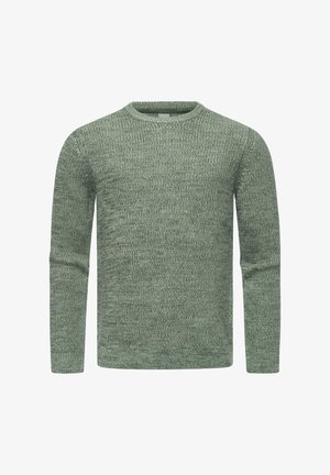 Pull en laine verte avec un col rond, tissu texturé et manches longues. Le design simple présente un motif chiné subtil sur l'ensemble.