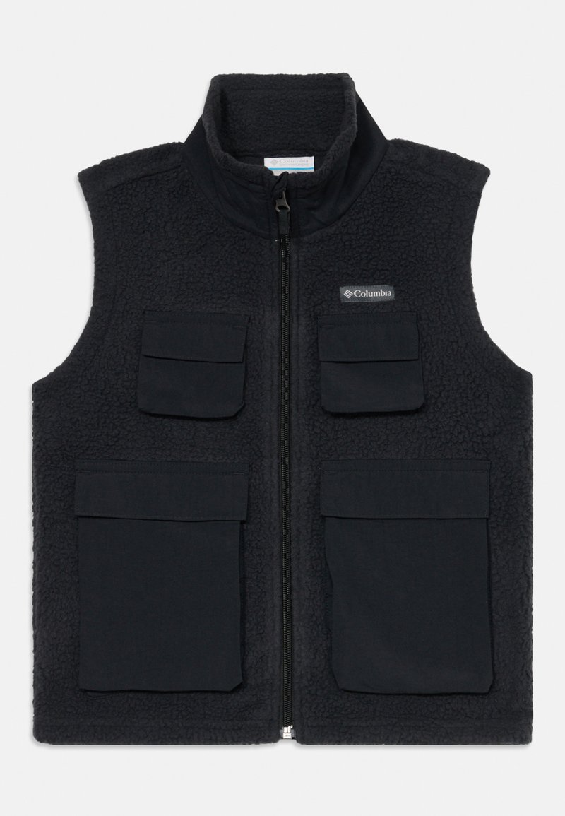 Juodasis Columbia vilnos liemenė su aukštu apykakle, priekiniu užtrauktuku ir keturiomis kvadratinėmis kišenėmis. Tekstūruota medžiaga su švelniu pojūčiu, be raštų.