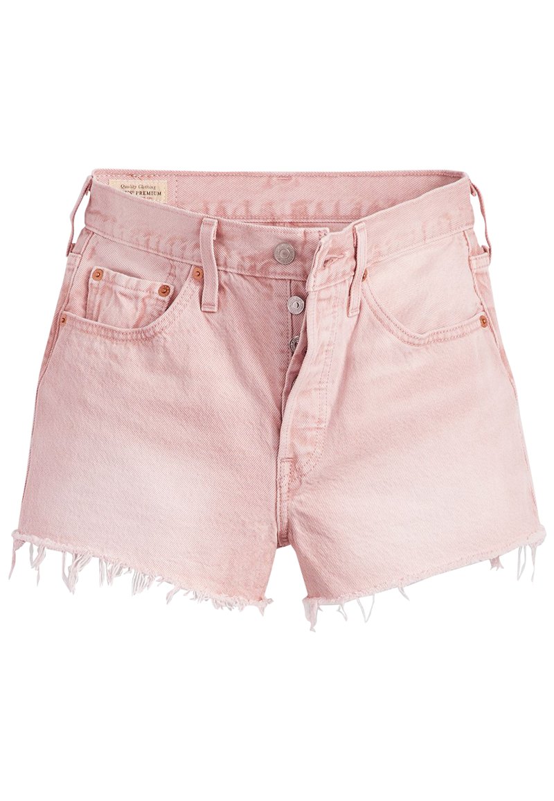 Shorts en denim rose à taille haute, avec un ourlet effiloché et un design à cinq poches. Présente deux fermetures à bouton à l'avant. Texture douce.