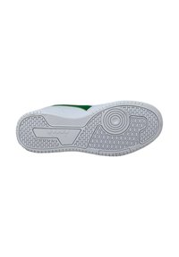 Witte sneakerzool met groene accenten. Heeft een textuurprofiel en gevormd rubber voor grip. Tekstbranding zichtbaar aan de zijkant.