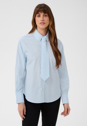 Femme aux longs cheveux bruns portant une chemise bleu clair boutonnée et une cravate assortie, debout devant un fond blanc uni.