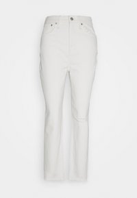 Bílé džíny s rovnými nohavicemi, s zapínáním na knoflík, bočními kapsami a strukturovaným povrchem.