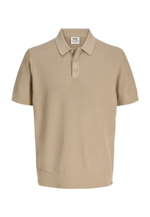 Bež kratka pletena polo majica s teksturiranim vzorcem, trirazporednimi gumbi in rebrastim ovratnikom ter manšetami.