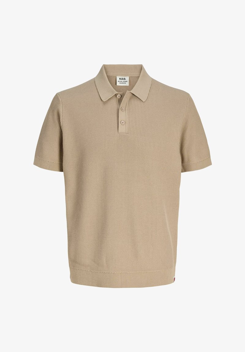 Beige kurzärmeliges Strick-Poloshirt mit strukturiertem Muster, Drei-Knopf-Leiste sowie geripptem Kragen und Bündchen.