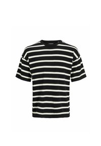 Sort og hvid stribet kortærmet T-shirt med rund halsudskæring. Blød stofstruktur og afslappet pasform. Striberne er jævnt fordelt.