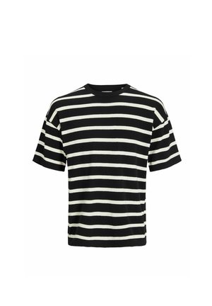 Czarny i biały, paskowany T-shirt z krótkim rękawem i okrągłym dekoltem. Miękka tekstura materiału i luźny krój. Paski równomiernie rozmieszczone.