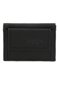 Zwarte lederen portemonnee met een gestructureerd oppervlak, voorzien van een flap sluiting en gestikte details. Compact rechthoekig ontwerp met een subtiel logo.