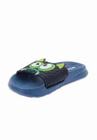 Infradito in gomma blu con un cinturino a forma di gufo di colore blu scuro con dettagli verdi e grandi occhi bianchi; suola texturizzata per una migliore aderenza.