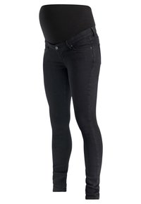 Mustat raskaana oleville suunnitellut skinny-farkut, joissa on joustava vyötärönauha, joka mukautuu raskausvatsaan.