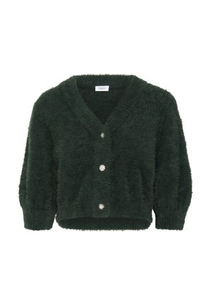 Green fuzzy cardigan with a V-neck, button closure featuring decorative floral buttons, and puffed sleeves. Soft texture with a cropped fit.