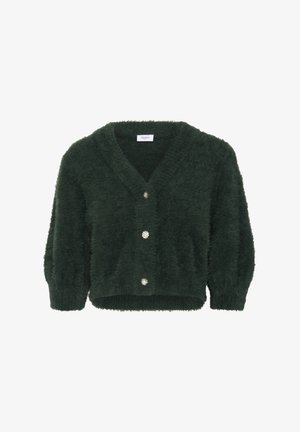 Groene harige cardigan met een V-hals, knoopsluiting met decoratieve bloemenknopen en pofmouwen. Zachte textuur met een cropped fit.