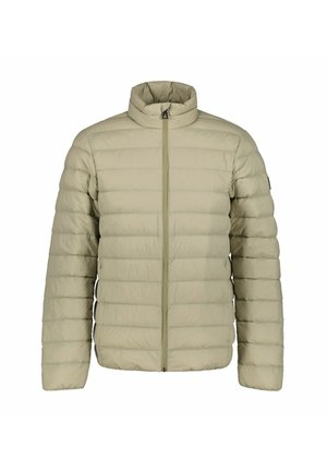 Beige pufferjack met een hoge kraag, voorrits en horizontaal gestikte ontwerp. Glad van textuur en lichtgewicht materiaal, geschikt voor het dragen in lagen.