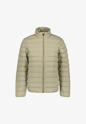 Beige pufferjack met een hoge kraag, voorrits en horizontaal gestikte ontwerp. Glad van textuur en lichtgewicht materiaal, geschikt voor het dragen in lagen.