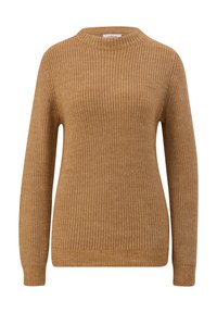 Strickpullover in warmem Braun, mit einem Rundhalsausschnitt, langen Ärmeln und einem gerippten Muster.