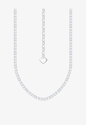 Silberne Halskette mit funkelnden, klaren runden Steinen, die in einer einzigen Reihe angeordnet sind, mit verstellbarer Kette und herzförmigem Akzent.