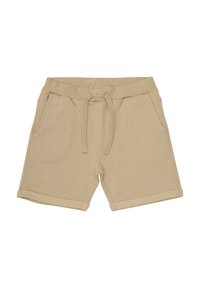 Beige Baumwollshorts mit Kordelzugbund, zwei seitlichen Taschen und umgeschlagenen Säumen. Glatte Textur und lässiges Design, ideal für warmes Wetter.