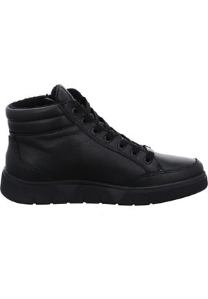 Black high-top sneakers with a smooth leather upper, textured rubber sole, and lace-up design. Features padded collar and minimalist stitching.