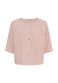 Kortærmet, cropped skjorte med knaplukning i lyserøde og hvide striber, med en enkelt brystlomme og rund halsudskæring. Struktureret stof.