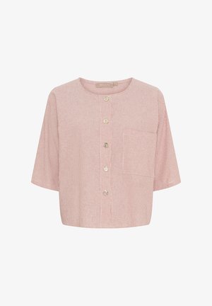 Kortærmet, cropped skjorte med knaplukning i lyserøde og hvide striber, med en enkelt brystlomme og rund halsudskæring. Struktureret stof.