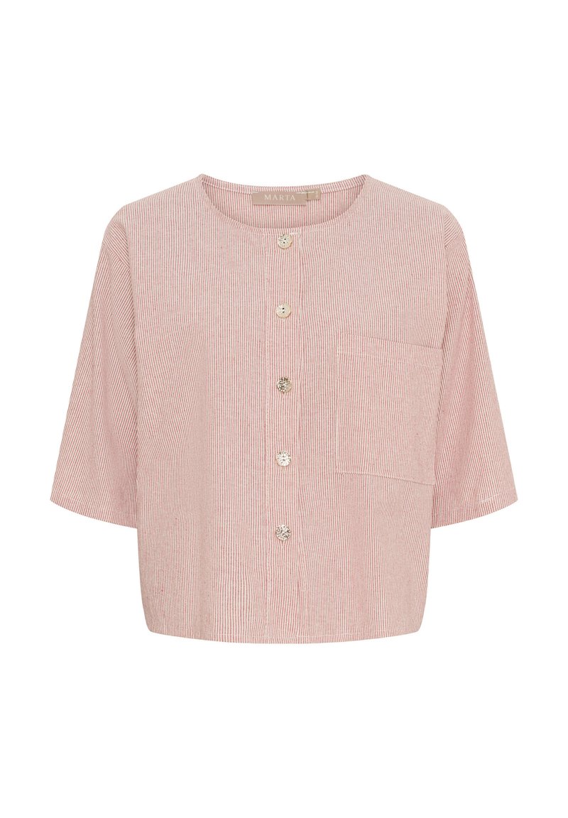 Kortærmet, cropped skjorte med knaplukning i lyserøde og hvide striber, med en enkelt brystlomme og rund halsudskæring. Struktureret stof.