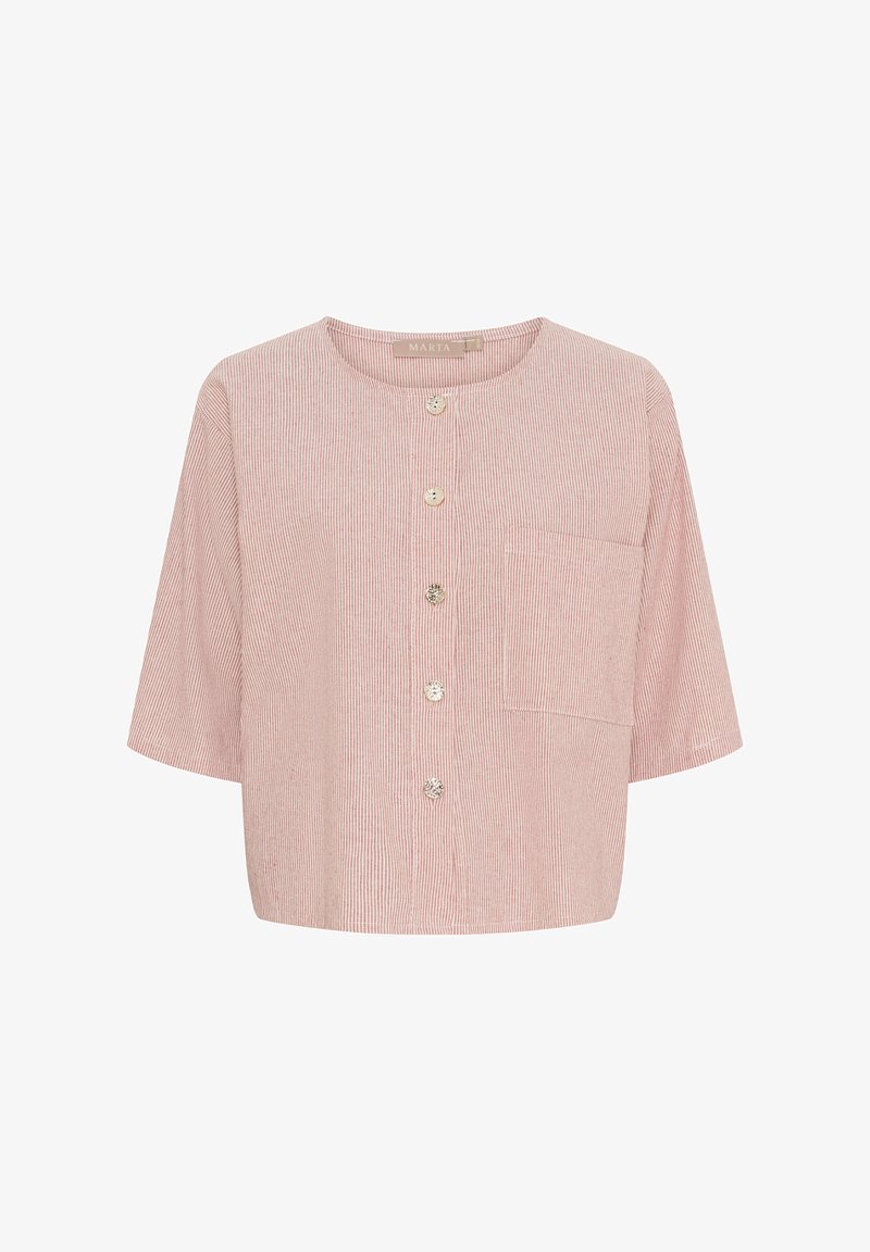 Kortærmet, cropped skjorte med knaplukning i lyserøde og hvide striber, med en enkelt brystlomme og rund halsudskæring. Struktureret stof.