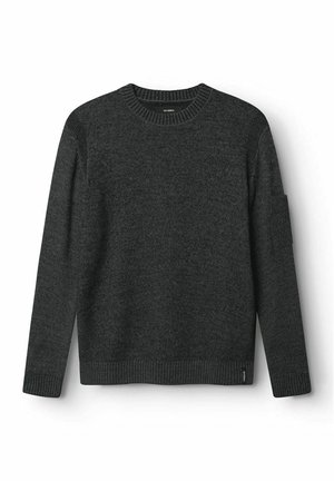 Dark gray knitted sweater with a crew neck, ribbed cuffs, and hem. Features a small patch on the left sleeve. Soft texture, casual design.