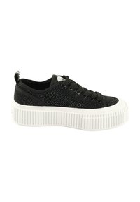 Black sneaker with a textured surface, featuring rhinestones, rounded white sole, and black laces. Loop at heel for easy pulling.