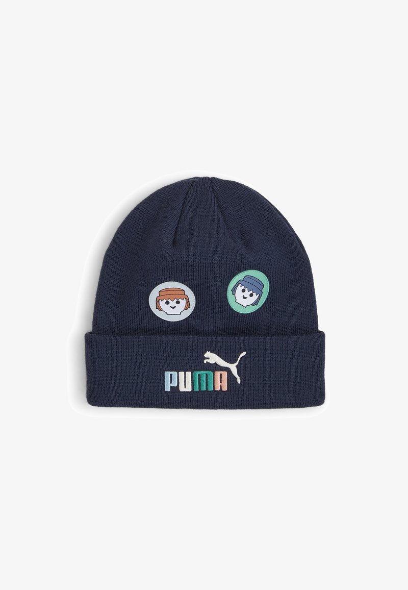 Marineblå stickad mössa med vikbar bård som har två cartoon-märken och en flerfärgad broderad "PUMA"-logotyp. Mjuk textur.