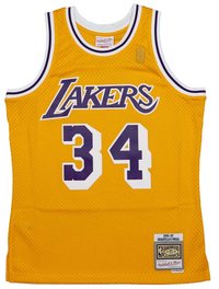 Gelbes Netz-Basketball-Trikot mit "LAKERS" in Lila, der Nummer "34" in Weiß und einem Etikett, das "Hardwood Classics" angibt.