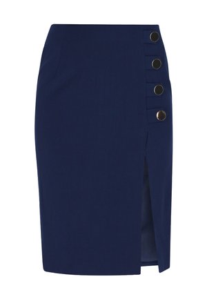 Fustă creion albastru închis, până la genunchi, cu deschizătură laterală și patru nasturi mari negri pe partea dreaptă.