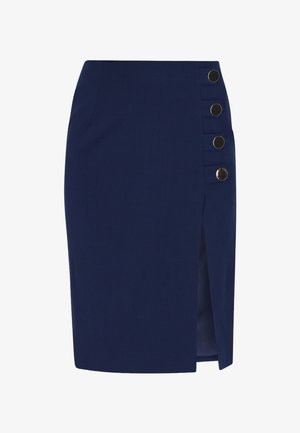 Fustă creion albastru închis, până la genunchi, cu deschizătură laterală și patru nasturi mari negri pe partea dreaptă.