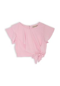 Top corto rosa chiaro con maniche a onda, dettaglio a nodo laterale e chiusura con zip sul retro. Realizzato in tessuto leggero e liscio.
