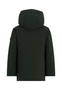 Zwarte winterjas met aangehechte capuchon, lange mouwen en een glad ontwerp aan de achterkant.
