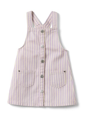Vestito senza maniche per bambino con righe verticali viola e bianche, chiusura frontale con bottoni, due tasche frontali e spalline incrociate.