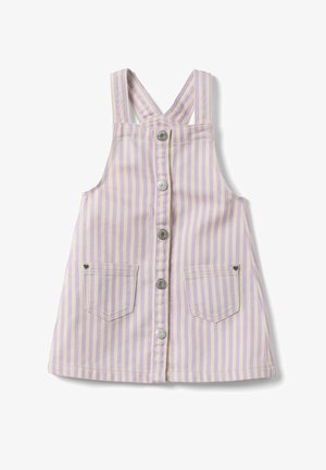 Kinder mouwloze jurk met paarse en witte verticale strepen, knoopsluiting aan de voorkant, twee voorzakken en gekruiste schouderbandjes.