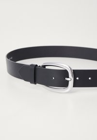 Black leather belt with a shiny silver rectangular buckle, featuring evenly spaced holes and a smooth, matte texture.