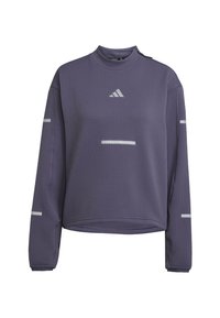 Camiseta de running de manga larga de tejido waffle morado con cuello alto, franjas reflectantes en el pecho y las mangas, y logo de Adidas en el frente.