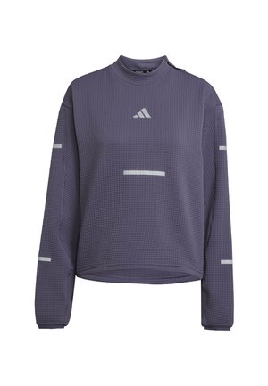 Lange mouwen paarse wafelgebreide hardlooptop met hoge kraag, reflecterende strepen op de borst en mouwen en het Adidas-logo op de voorkant.