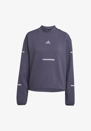 Haut de course à manches longues en maille gaufrée violette avec col haut, bandes réfléchissantes sur la poitrine et les manches, et logo Adidas sur le devant.