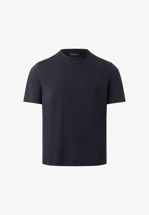 Schwarzes schlichtes T-Shirt mit kurzen Ärmeln und Rundhalsausschnitt mit glatter Textur, dargestellt auf weißem Hintergrund.