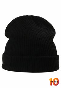Berretto in maglia nera con texture a coste e design con risvolto. La parte superiore è leggermente sagomata, offrendo un look casual.