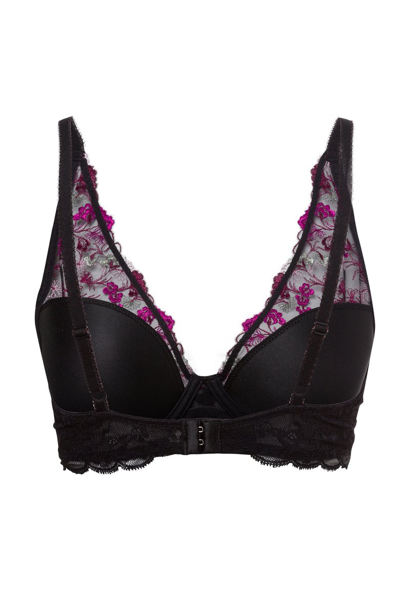 Schwarzer BH mit Bügel, durchsichtigen Mesh-Einsätzen bestickt mit pinken und lila Blumenmustern, verstellbaren Trägern und Spitzenband mit Hakenverschluss.